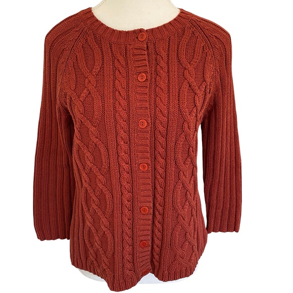 Eddie Bauer Womens Cotton Cable Hand Knit Rust Button Up Cardigan - Sz M - Picture 1 of 16